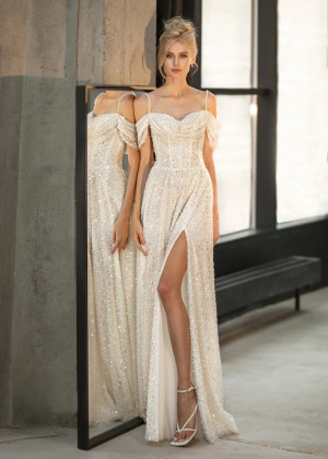 Sexy Ivory Glitter Lace High Slit Wedding Dress
